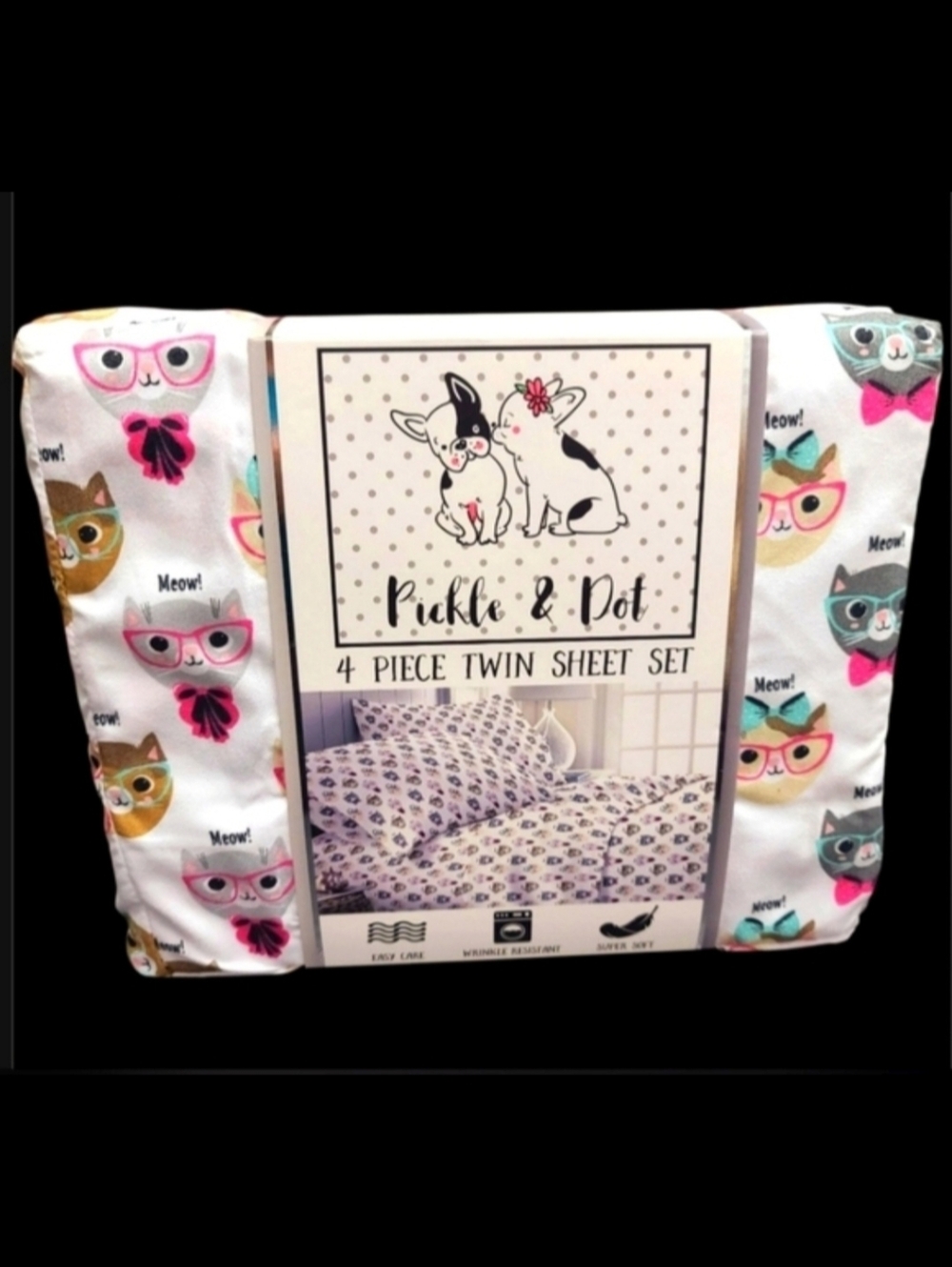 4pc Set Pickle & Dot Cats With Eye Glasses Coquette Bow Twin Bed Sheets NEW